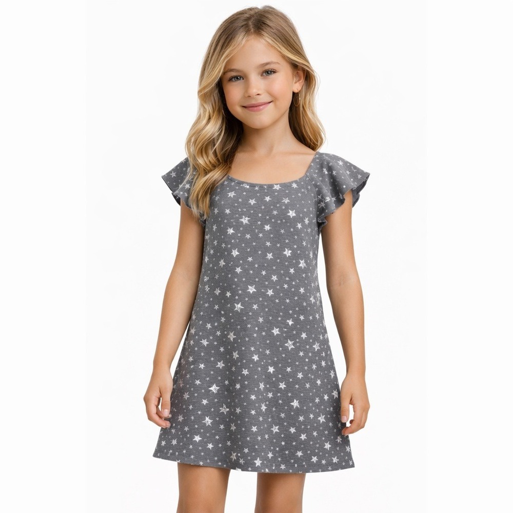 Aqua Girl Kids Gray Silver Metallic Star Print Flutter Sleeve Mini Dress M